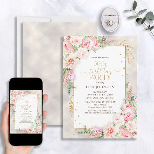 Invitation Dusty rose Peony Floral Gold Shimmer 50e anniversa