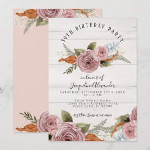 Invitation Dusty rose Peony Floral Rustique Bois fête d'anniv