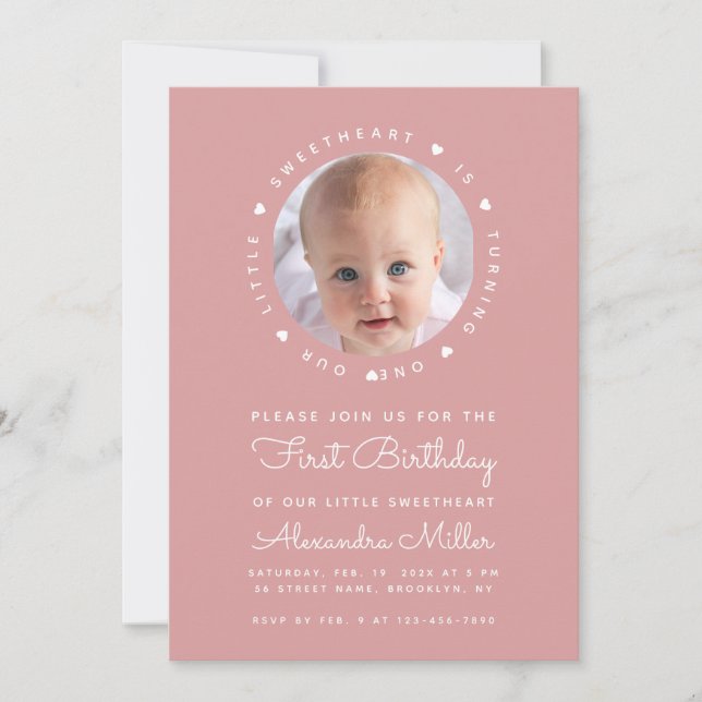 Invitation Dusty Rose Photo Girl Anniversaire Petite chérie (Devant)