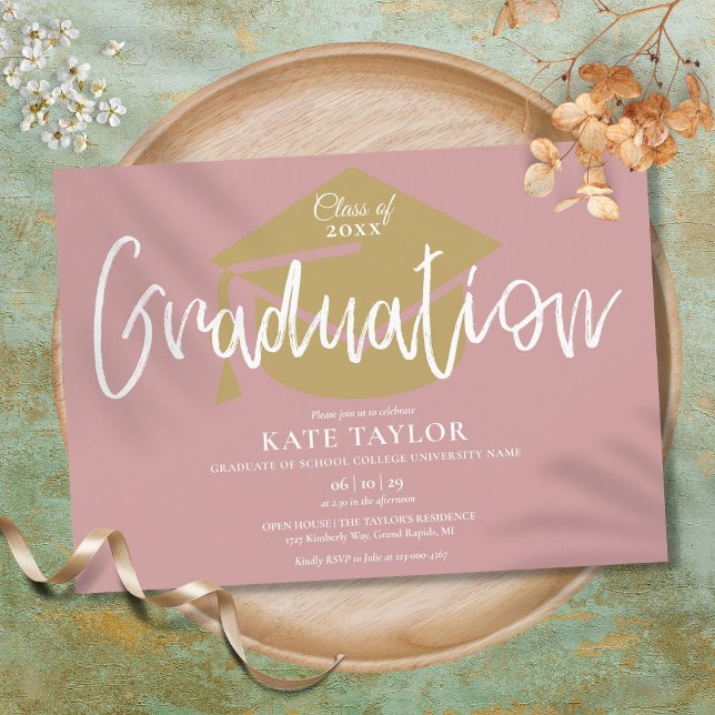 Invitation Dusty Rose Pink Et Gold Script Graduation Party (Créateur téléchargé)
