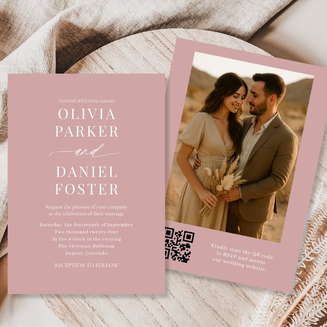 Invitation Dusty Rose QR Code Elégant Mariage photo (Créateur téléchargé)