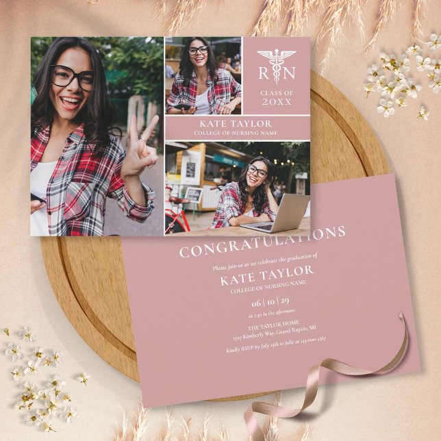 Invitation Dusty Rose RN Nurse 3 Photo Graduation Party Inv (Créateur téléchargé)