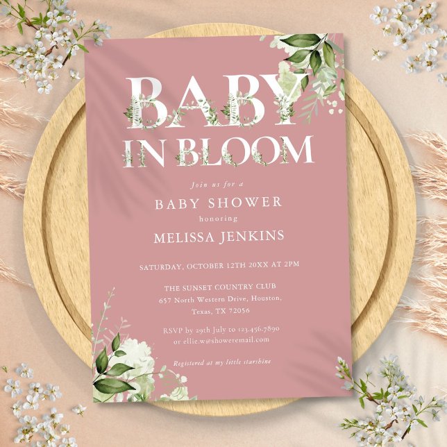 Invitation Dusty Rose rose Bébé dans un Baby shower de verdur (Dusty Rose Pink Baby In Bloom Greenery Baby Shower Invitation)