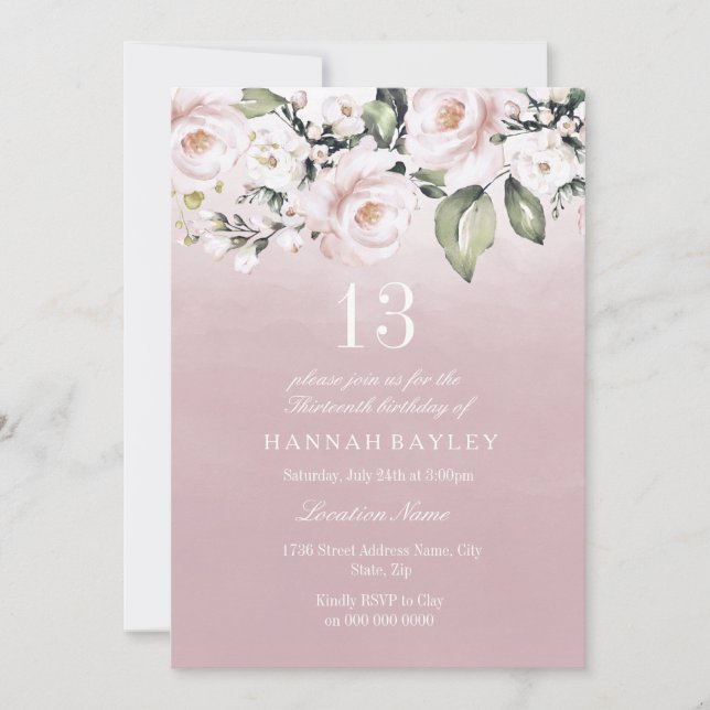 Invitation Dusty Rose Rose Blush Girls 13e fête d'anniversair (Devant)
