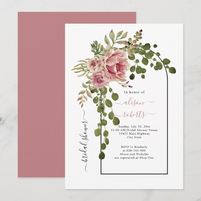 Invitation Dusty rose rose fleurs arc mariage douche nuptiale (Devant / Derrière)