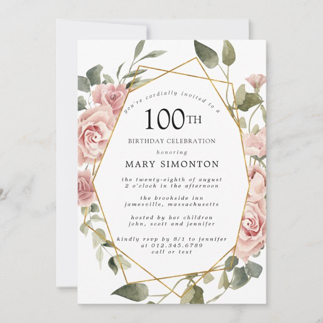 Invitation Dusty Rose Rose Floral 100e fête d'anniversaire (Devant)