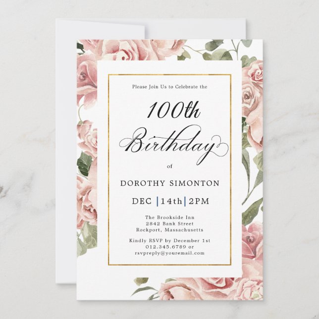 Invitation Dusty Rose Rose Floral 100e fête d'anniversaire (Devant)