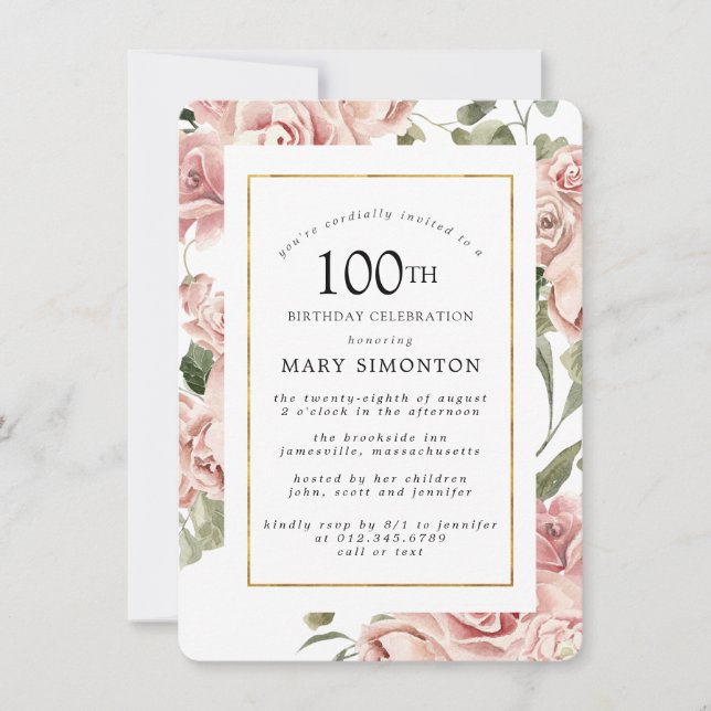 Invitation Dusty Rose Rose Floral 100e Gold Anniversaire (Devant)