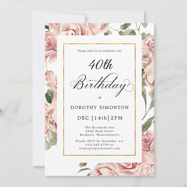 Invitation Dusty Rose Rose Floral 40e fête d'anniversaire (Devant)
