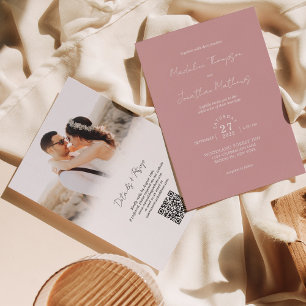 Invitation Dusty Rose rose Photo Budget Mariage QR Code Rsvp