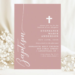 Invitation Dusty Rose rose Simple Script moderne Baptême