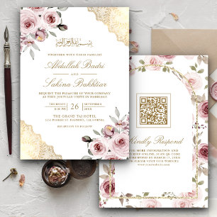 Invitation Dusty rose Roses Or dentelle QR Code Mariage musul