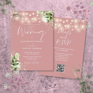 Invitation Dusty Rose String éclaire Floral QR Code Mariage