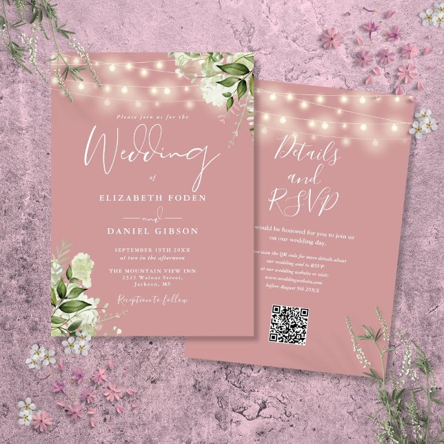 Invitation Dusty Rose String éclaire Floral QR Code Mariage (Dusty Rose String Lights Floral QR Code Wedding Invitation)