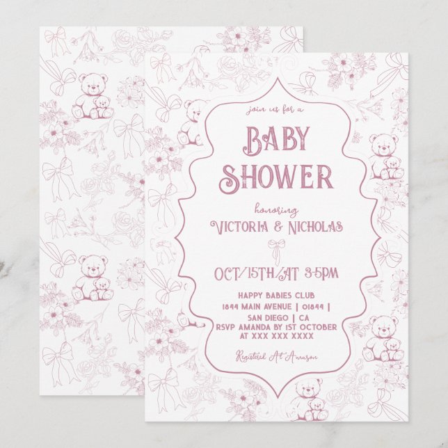 Invitation Dusty rose Toile Bow ours bébé fille douche (Devant / Derrière)