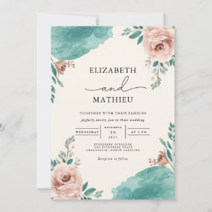 Invitation Dusty Rose Turquoise Floral Floury Mariage