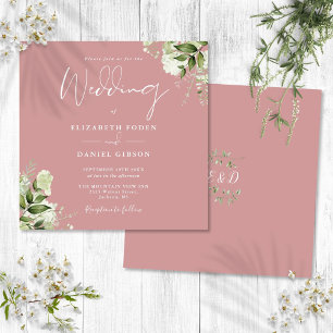 Invitation Dusty Rose Verdure Floral Monogramme Carré Mariage