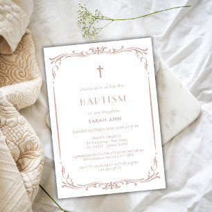 Invitation Dusty Rose Vintage Baptême Croix de baptême
