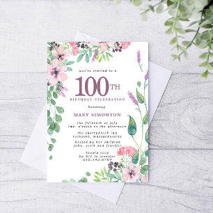 Invitation Dusty rose violet Fleur sauvage 100e anniversaire