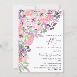 Invitation Dusty rose violet Fleur sauvage 40e anniversaire