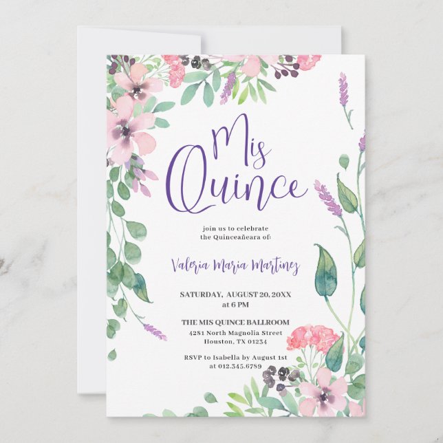 Invitation Dusty rose violet Fleur sauvage Quinceanera (Devant)