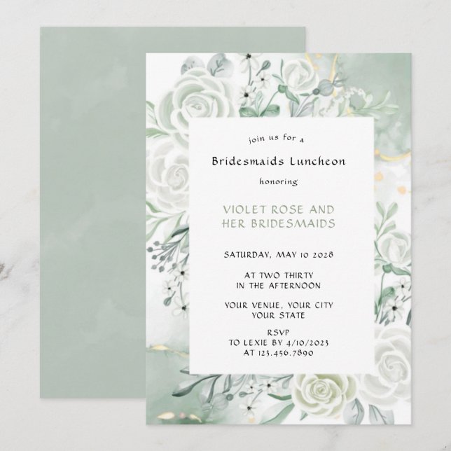 Invitation Dusty Sage Aquarelle Floral Bridesmaiers Déjeuner (Devant / Derrière)