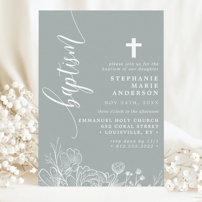 Invitation Dusty Sage Blanc Floral Élégant Script Baptême (Créateur téléchargé)