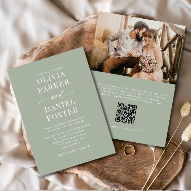 Invitation Dusty Sage Green QR Code Mariage photo (Créateur téléchargé)