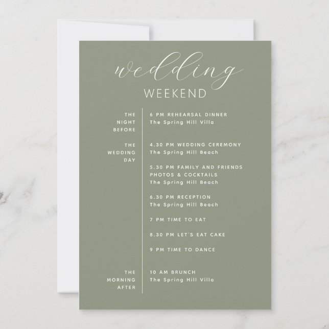 Invitation Dusty Sage Green Woodland Wedding Weekend Timeline (Dos)