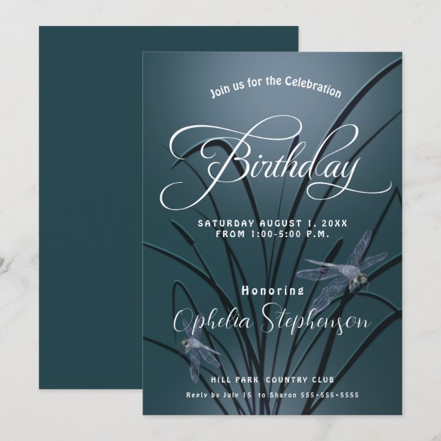 Invitation Dusty Turquoise Dragonfly Anniversaire (Devant / Derrière)