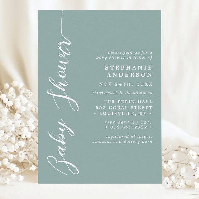 Invitation Dusty Turquoise Simple Modern Script Baby shower (Créateur téléchargé)