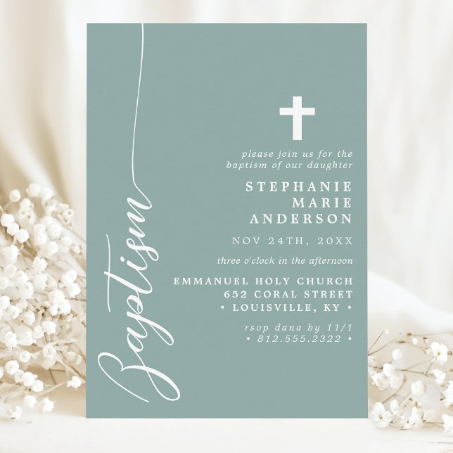 Invitation Dusty Turquoise Simple Script moderne Baptême (Créateur téléchargé)