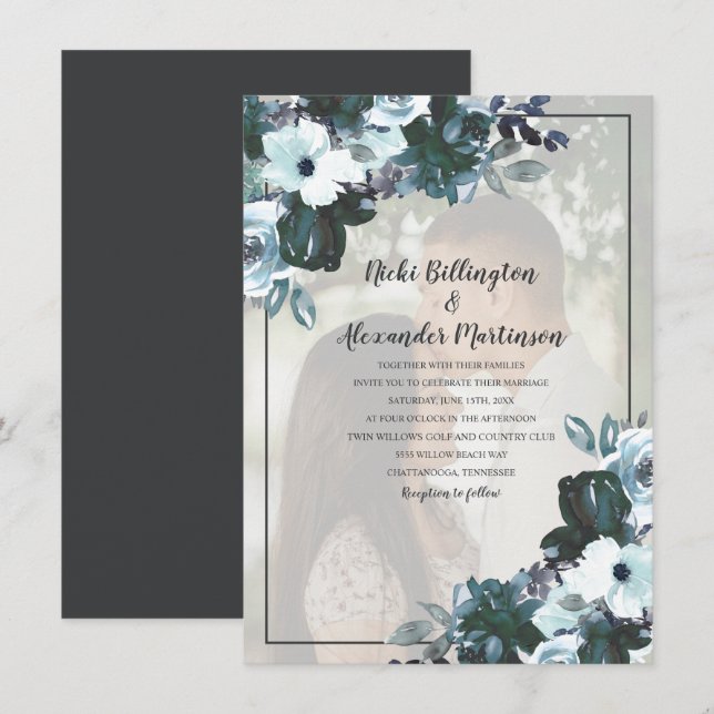 Invitation Dusty Twilight Blue Floral Mariage Photo (Devant / Derrière)