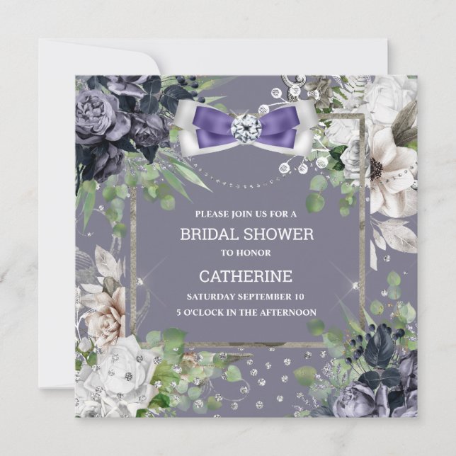 Invitation Dusty violet blanc rose floral diamant arc chic (Devant)