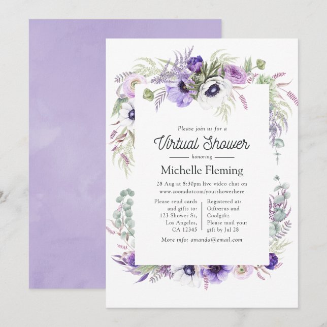 Invitation Dusty Violet Floral Baby shower virtuel (Devant / Derrière)