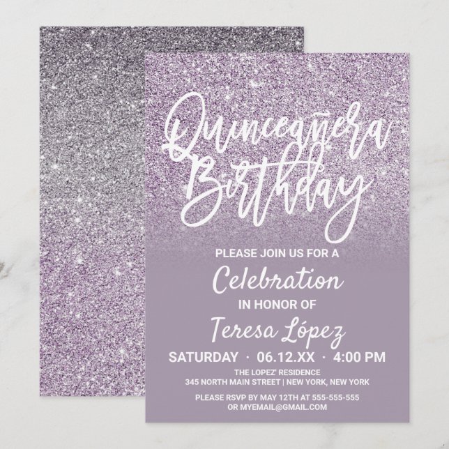 Invitation Dusty violet gris Faux Parties scintillant Ombre Q (Devant / Derrière)