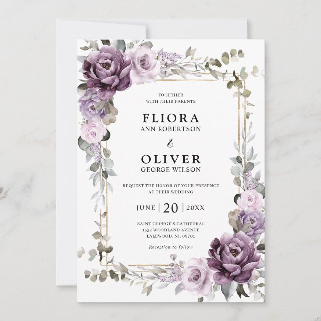 Invitation Dusty violet lavande or Mariage géométrique (Devant)