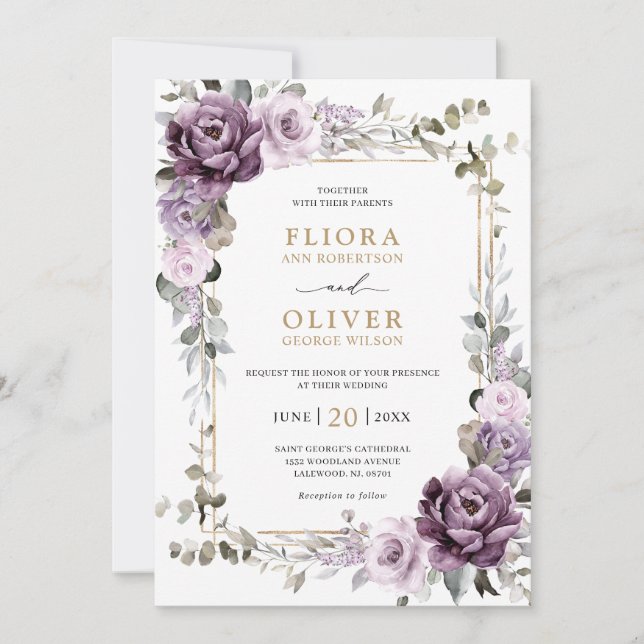 Invitation Dusty violet lavande or Mariage géométrique (Devant)