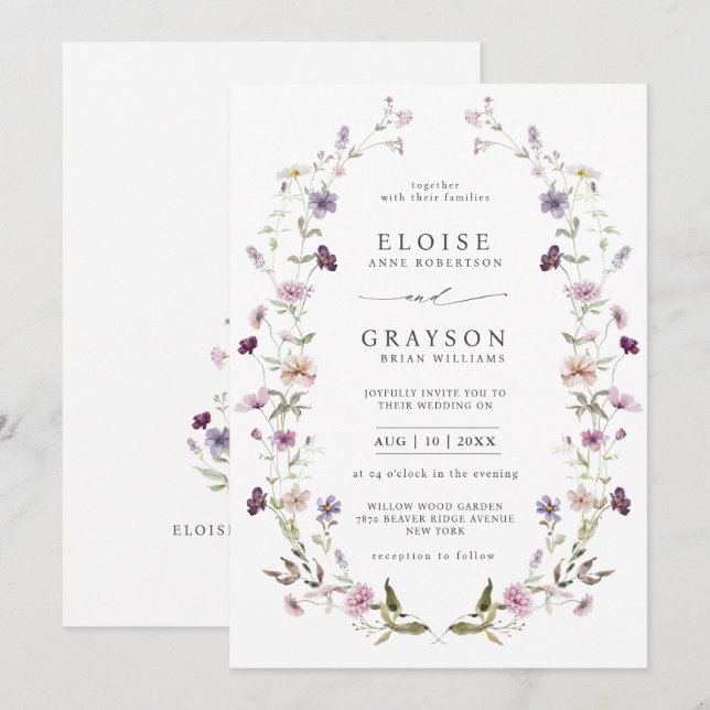 Invitation Dusty Violet Lavender Fleur sauvage Jardin Mariage (Devant / Derrière)