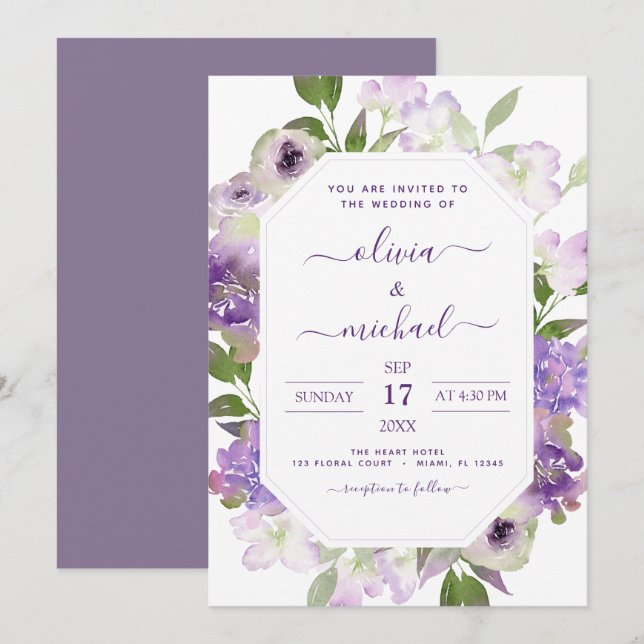 Invitation Dusty violet Mariage Floral verdure (Devant / Derrière)
