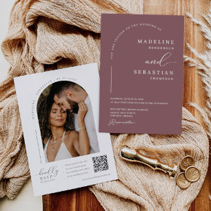 Invitation Dusty violet moderne minimaliste Arc photo QR Code