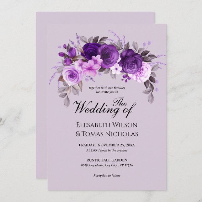 Invitation Dusty violet Roses & Mariage argent vert (Devant / Derrière)