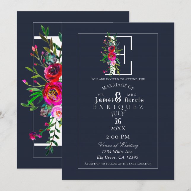 Invitation E Monogramme Dernier initial bleu Floral Mariage (Devant / Derrière)
