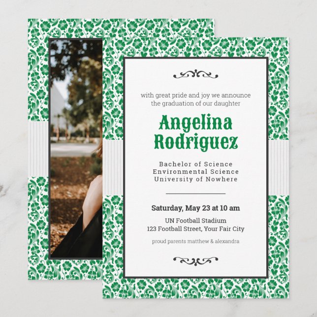 Invitation Eagle Green Floral Damask Photo Graduation (Devant / Derrière)