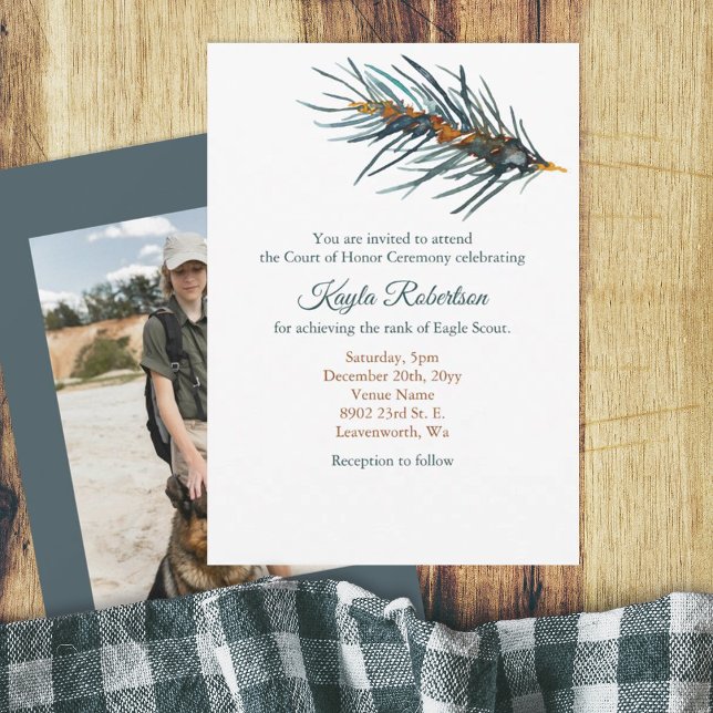 Invitation Eagle Scout, Court of Honor, Pine Needles (rustic BSA Eagle Scout Court of Honor Invitation with pine needles painting)