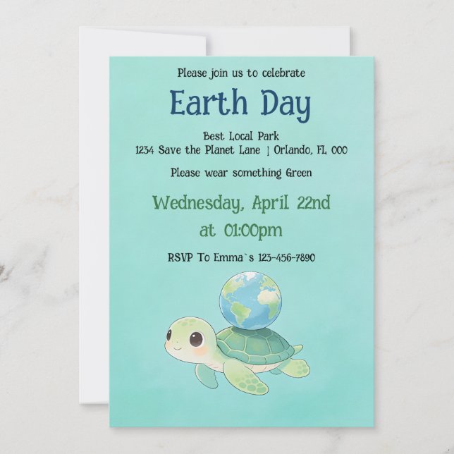 Invitation Earth Day Turtle with Globe (Devant)