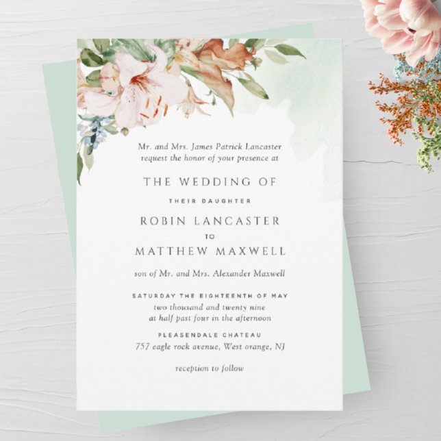 Invitation Earthy Blooms Élégant Vert Formal Mariage Invitat (Créateur téléchargé)
