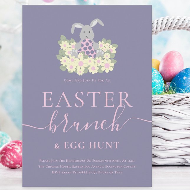 Invitation Easter Brunch and Egg Hunt (Cute easter bunny egg hunt and brunch spring party purple pink invitation )