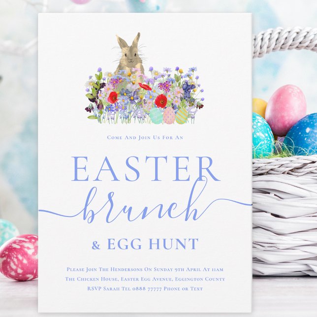 Invitation Easter Bunny and Wildflowers Egg Hunt and Brunch (Easter brunch and egg hunt watercolor cute bunny wildflowers and eggs spring party invitation )