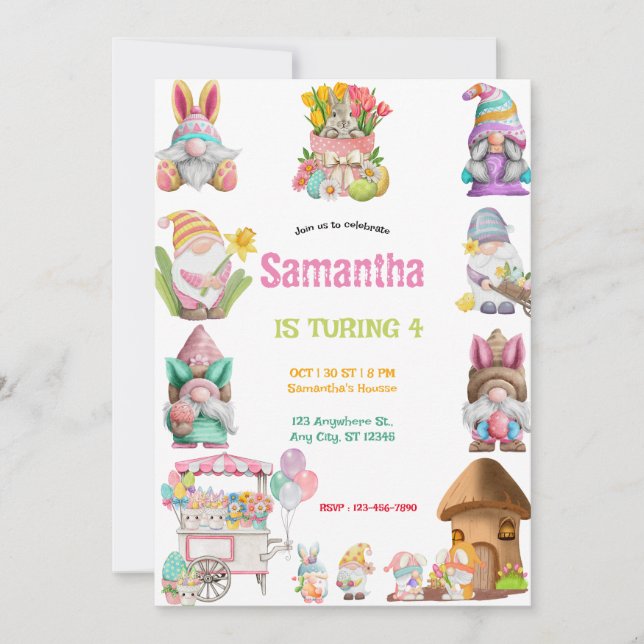 Invitation Easter Egg Gnomes Birthday girls  (Devant)